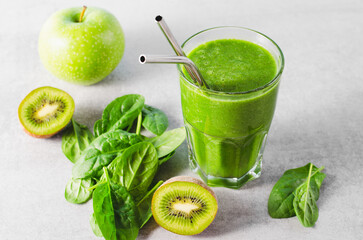 Green Smoothie, Refreshing Spinach, Kiwi, Apple Drink, Healthy Food, Detox, Vegan or Vegetarian Diet Food Concept