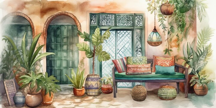 Boho Oasis  Moroccan Watercolor Interior with Oriental Bazaar   Lush Greenery, Generative AI
