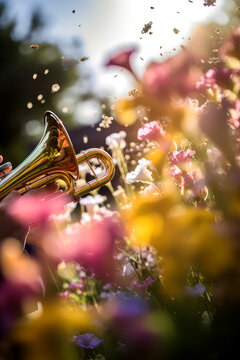 trumpet with flower garden, ai