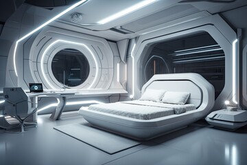 comfortable bed surrounded by futuristic design with sleek furnishings and technology, created with generative ai