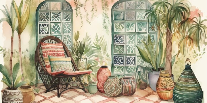Bohemian Oasis  Moroccan Inspired Room with Traditional Furnishings and Lush Greenery, Generative AI