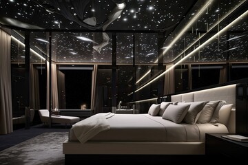 luxurious bedroom with view of the stars, surrounded by floating in zero gravity, created with generative ai