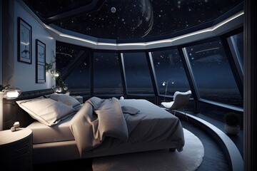 luxury bedroom, with view of the stars and planets, created with generative ai