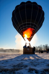 hot air balloon taking off, with the burners visible and people wrapped in warm clothes in the basket, ai
