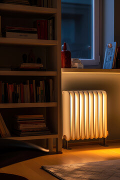 modern heating system in a cozy living room, with a bookshelf in the background, ai
