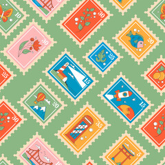 Postal Stamp Seamless Pattern Features Various Marks Arranged In A Continuous Design. The Stamps Depict Different Themes Generative AI