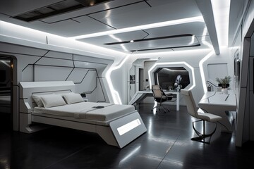 a futuristic bedroom with sleek lines and advanced technology to create a peaceful and tranquil space, created with generative ai