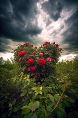 rose bush with flowers blooming in the shape of a heart, radiating love and warmth, ai
