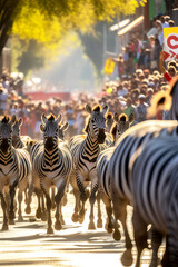 pride of zebras running a marathon race with humans as spectators, ai