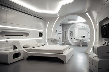 futuristic bedroom with sleek, minimalist decor and advanced technology, created with generative ai