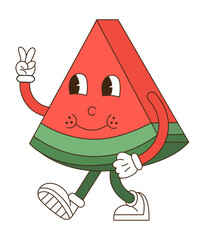 A cute piece of watermelon in groovy  style is waving its hand going somewhere.
