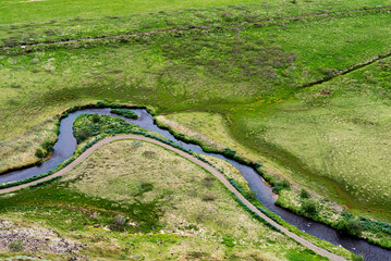 krajobraz Islandii z rzeczką i zielenią