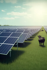 solar panel farm integrated into a pasture, with cows grazing in between the panels, ai