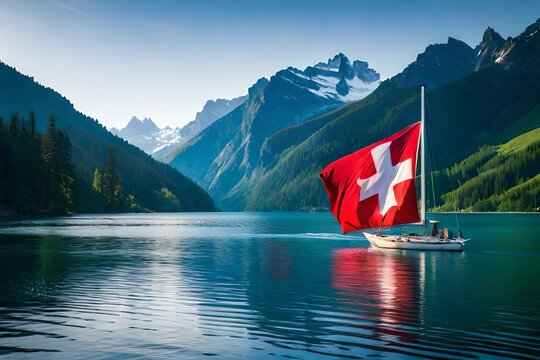 Switzerland flag in the middle of water  by generative Ai