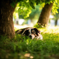 A dog lying in a shady spot under a tree, panting heavily and seeking relief from the heat, ai