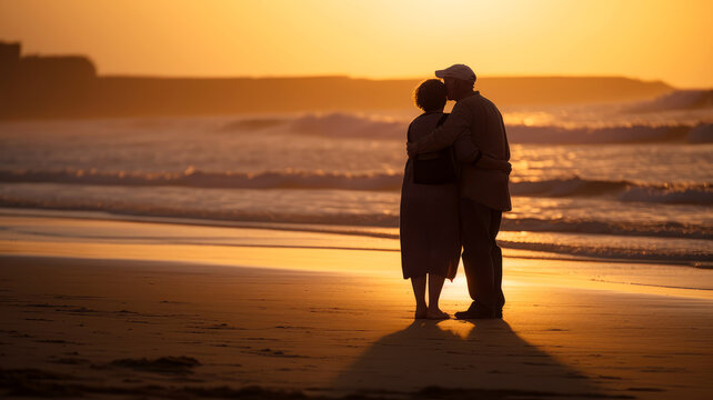 A photograph of a couple embracing on a sandy beach, ai