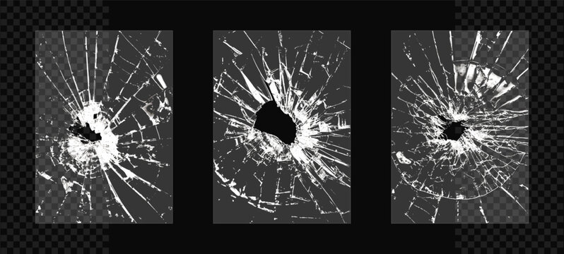 Broken glass plate. Empty transparent acrylic, plastic or plexiglass plates with cracks and hole. Broken glass in rectangle shape on isolated background. Texture overlay effect. Vector illustration.