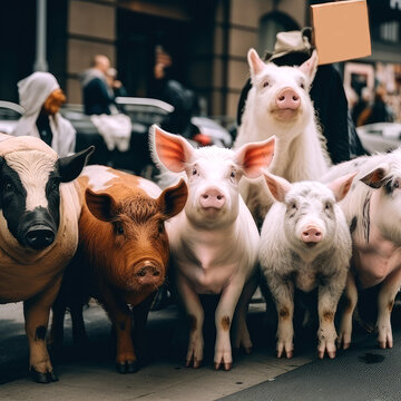 group of animals participating in a peaceful protest or demonstration for their rights, parallel universe, ai
