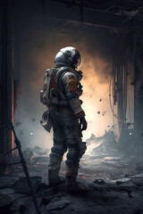 Futuristic space ranger astronaut in ruined cyberpunk city. Digitally generated AI image