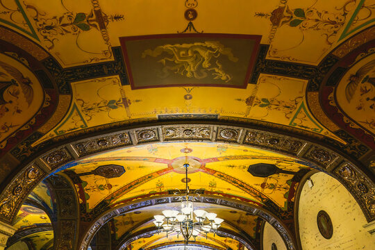 Historic Millennium Biltmore Hotel Interior. Frescoed Mural Ceiling In The Main Galleria. Downtown Los Angeles, California