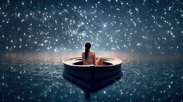 person sitting in a boat floating on a sea of stars, ai