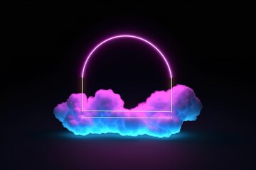 Minimalistic neon cloud with abstract geometric shape on black background