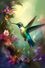 hummingbird, hovering in mid-air and surrounded by flowers, ai