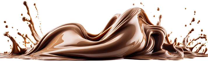Flüssige Schokolade mit Wellenform, Spritzern und Tropfen als Freisteller, Generative AI - 598093859