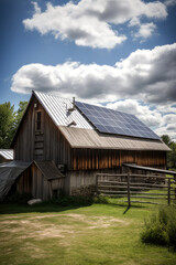 Fototapeta na wymiar A photograph of a rustic barn with a solar panel, ai
