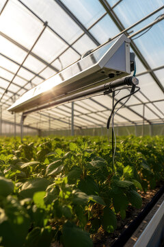 A photograph of a modern greenhouse with a solar panel system on its roof, powering the automatic irrigation system, ai