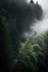 Fototapeta na wymiar A photograph of a freight train speeding through a misty forest, with the lush greenery and fog creating a dreamlike atmosphere, ai