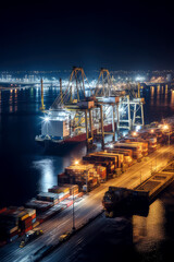 A photograph of a busy port at night, with the bright lights of cargo ships, ai