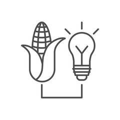 Biomass electric related vector linear icon. Corn powers a light bulb. Ecological reseatch. Eco energy and biofuel. Vector outline illustration Isolated on white background. Editable stroke