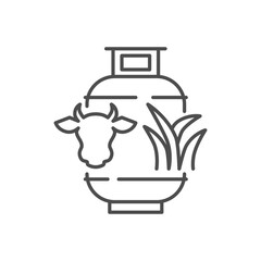 Biogas related vector linear icon. Gas cylinders icon with cow head and grass. Icon related to ecology, renewable energy. Vector outline illustration Isolated on white background. Editable stroke