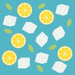 ice, mint and lemon, refreshing pattern on a blue background