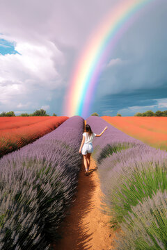 A photograph of a person walking on a rainbow-colored path through a field of lavender, ai