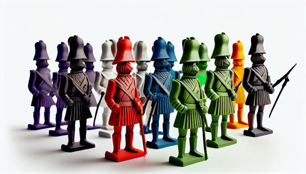 Collection of traditional toy soldiers. Multicolor Army Toy Model For Kids. on solid white background Ai generated image