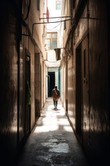 traveler walking through a surreal alleyway with multiple doors, ai