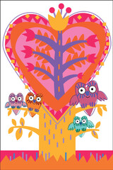 four owls on a pink tree