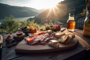Fototapeta premium Italian appetizer prosciutto antipasti and cheeses on wooden board platter by mountain lake in the sun. Generative AI illustration Generative AI