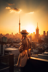 Fototapeta na wymiar A photograph of a traveler standing on a rooftop with a surreal cityscape in the background, ai
