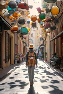 A photograph of a traveler walking through a street with surreal floating objects, ai