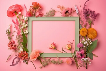 Obraz premium colorful wildflowers with wooden frame on pink background