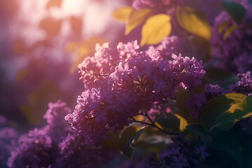 Naklejka na ściany i meble blooming lilac bushes in soft sunlight close up