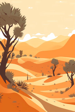 A desert scene with a desert with some trees scene flat illustration © Jenuarylist