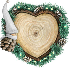 watercolor hand drawn wooden heart slice with elves, pinecones and pine branches