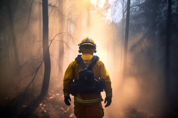 Firefighter in burning forest. Not actual real person. Digitally generated AI image