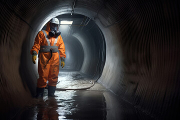 Man in hazmat suit in dark sewer. Not actual real person. Digitally generated AI image