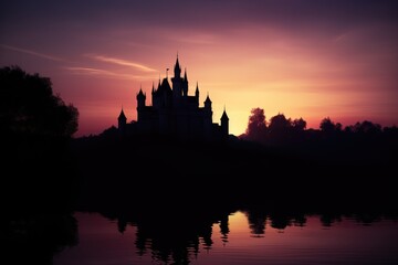 Fototapeta na wymiar Gradient pink skies behind a fairy tale castle. Minimalist photography.