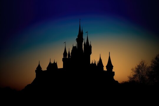 Silhouette of a fairy tale castle with a sunset gradient sky.
